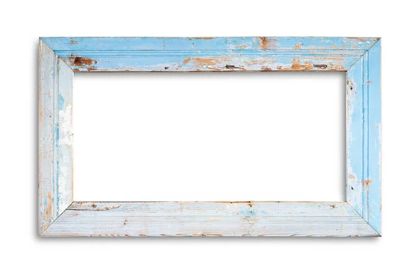 Houten Grunge Frame Blauw Wit Geschilderd Geïsoleerd Witte Achtergrond Met — Stockfoto