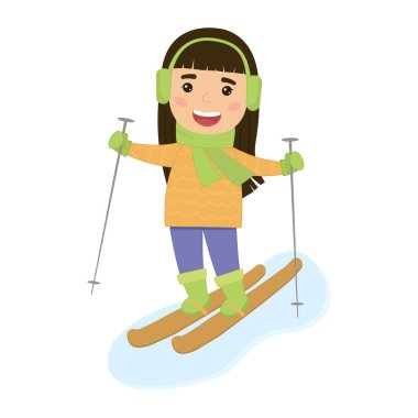 Şirin bir kız kayak yapıyor. Kış sporları. Beyaz arkaplanda vektör illüstrasyonu.