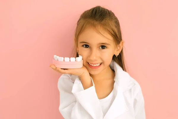Cute Charming Little Dentist Holds Model Jaws Palm His Hand — Stock Photo, Image