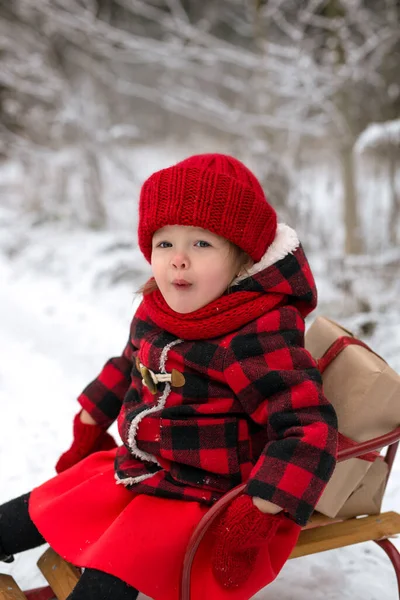 Child Very Surprised Girl Red Coat Hat Sits Sleigh New — Stock Photo, Image