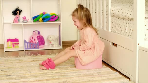 Baby Sobs Bitterly Shedding Tears While Sitting Potty Children Room — Stock Video