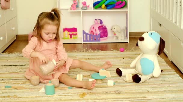 ドレスの少女が茶会で保育園の床の上に豪華な子犬と遊ぶ 子供は木製のおもちゃのティーポットからカップにお茶を注ぎ 犬を扱います — ストック動画