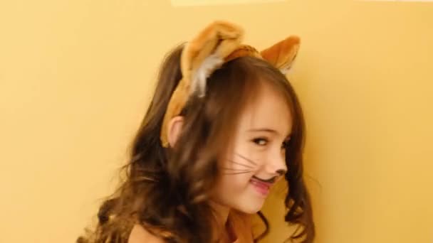 Girl Long Hair Hat Ears Image Tiger Turns Cute Beautiful — Stockvideo