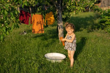 Bir kız, melez bir kedinin yürüdüğü arka bahçedeki bir havuzda elleriyle çamaşır yıkıyor. Çocuk ev işlerine yardım ediyor. Bebek Yıkama Tozu
