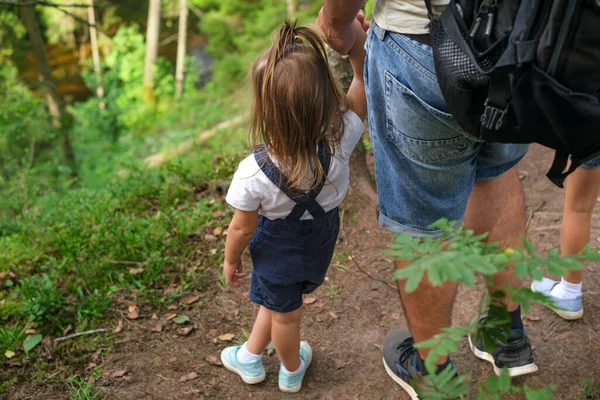 Gadis Itu Memegang Tangan Ayahnya Berdiri Tepi Hutan Berongga Dan — Stok Foto