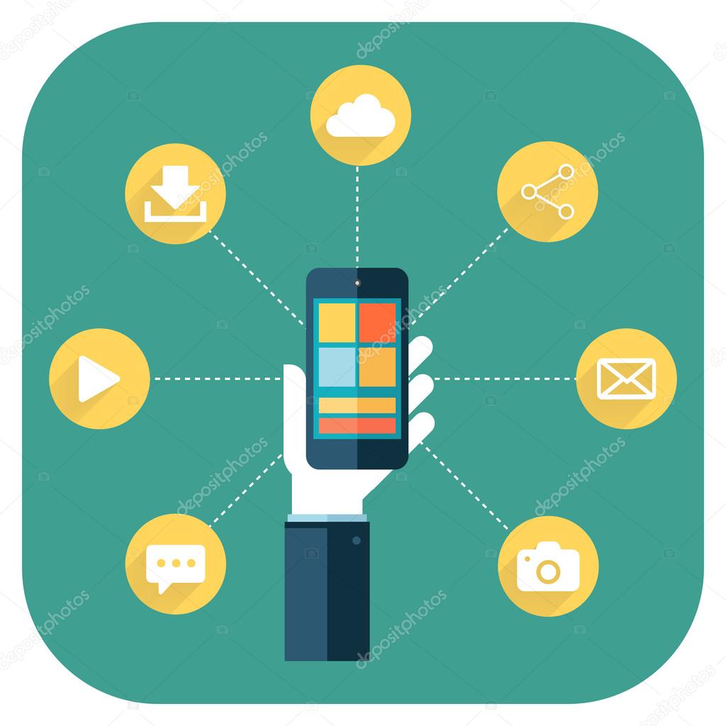 Smartphone apps infographics with a hand holding a phone.