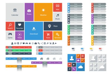 Düz Web Tasarım elemanları, düğmeler, simgeler. Web sitesi şablonları.