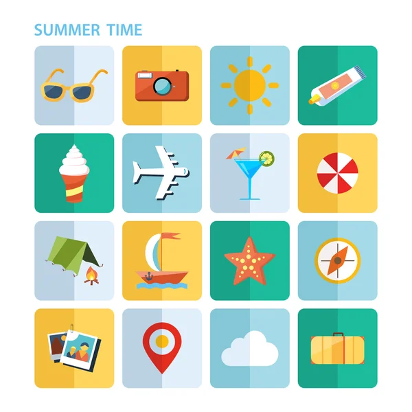 Ícones de cores de férias de verão. Ilustração vetorial plana . — Vetor de Stock