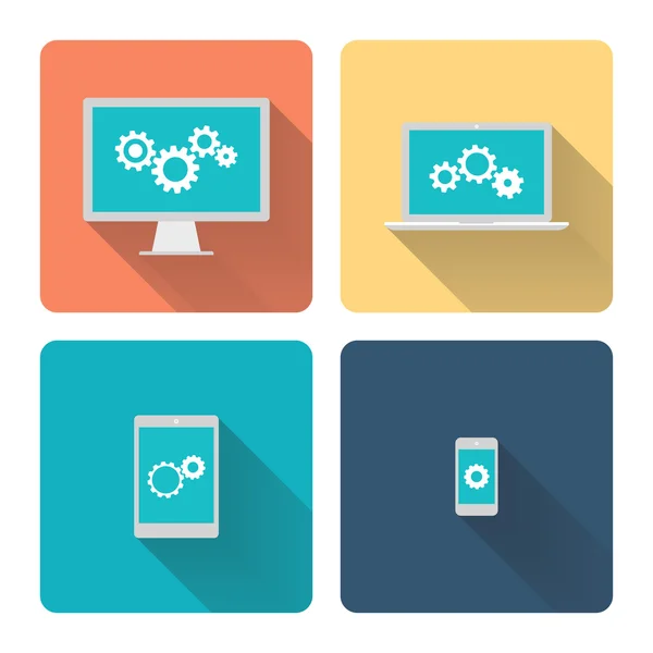 Flat design illustration: computer programming. Cogwheels and gears on screen. — Stock Vector