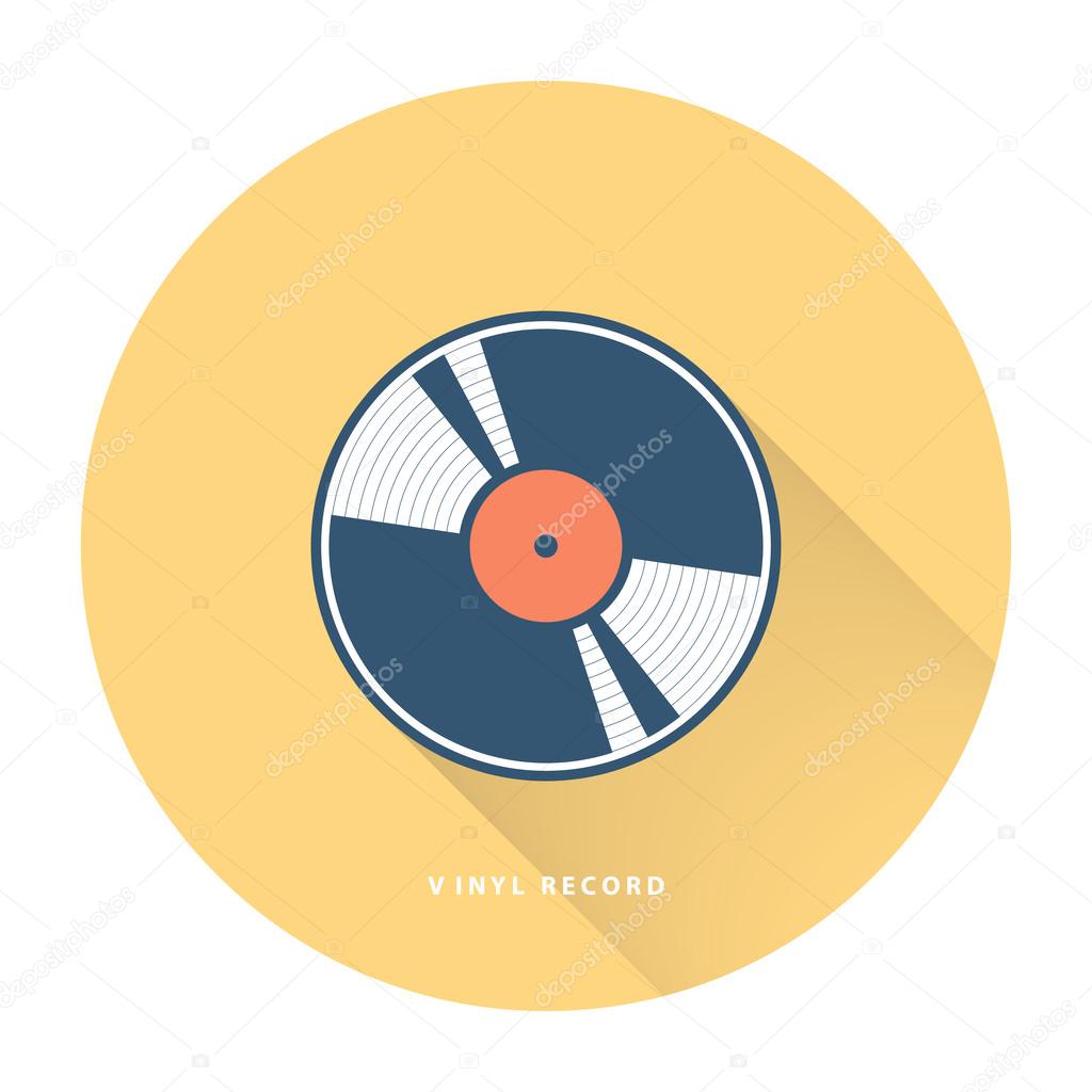 Vinyl record on yellow background. Flat vector illustration.