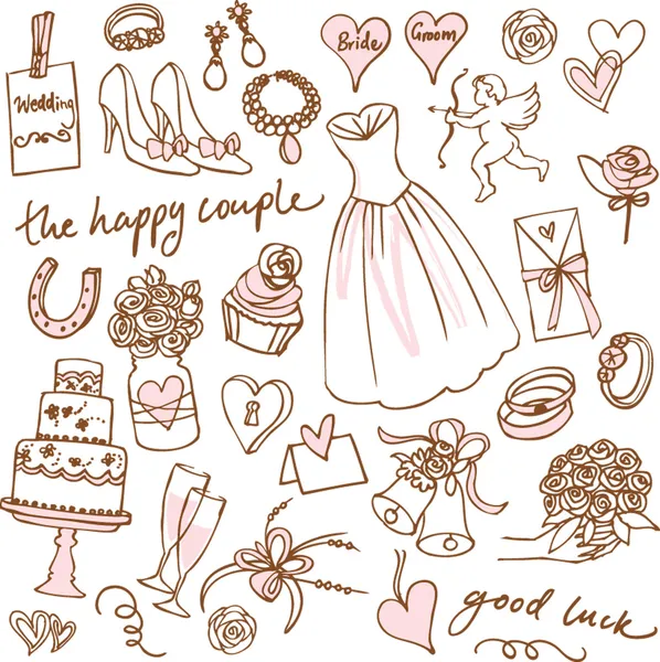 Set di bellissimi vettori doodle matrimonio — Vettoriale Stock