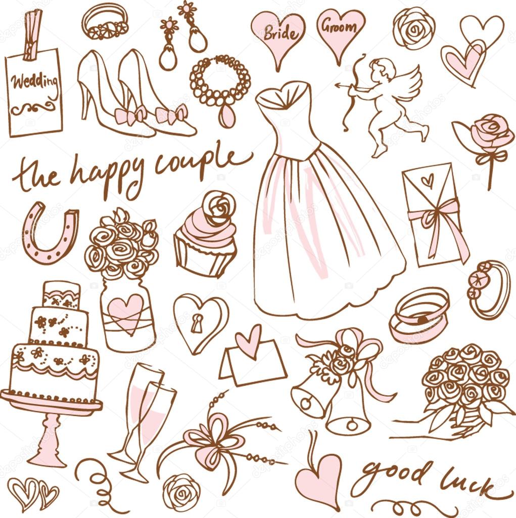 Set of beautiful wedding doodle vectors