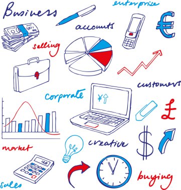 Doodle iş ikonları/simgeleri ve kelimeler