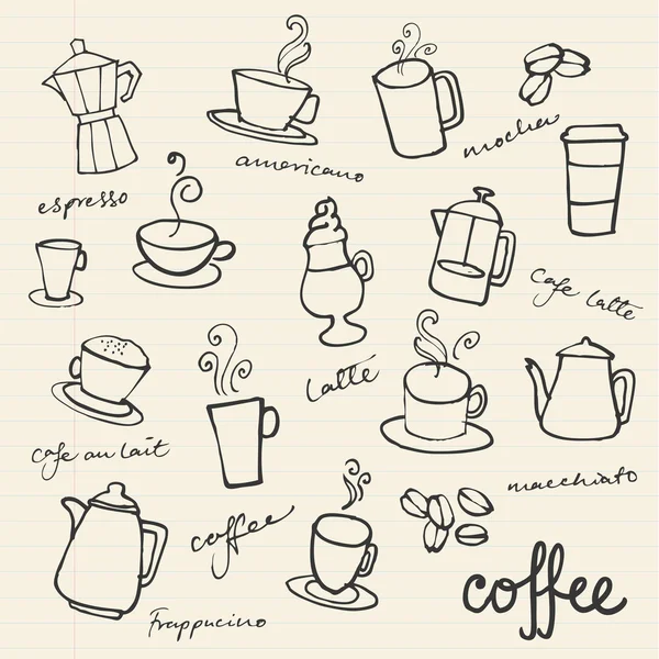 Koffie doodles pictogrammen — Stockvector