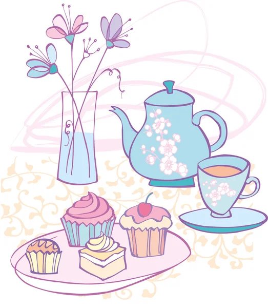 Tea and cakes with flowers — Stock Vector