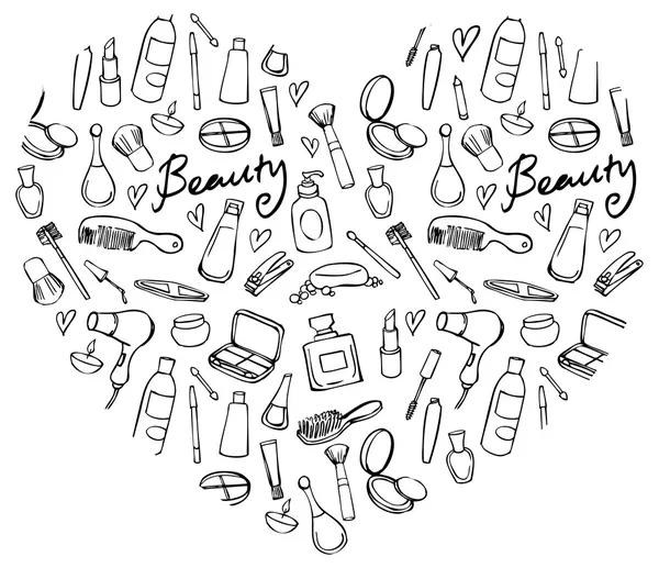 Iconos de belleza y cosméticos en forma de corazón — Archivo Imágenes Vectoriales