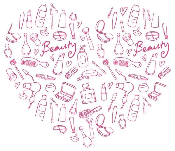 Iconos de belleza y cosméticos en forma de corazón — Vector de stock