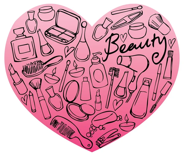 Ícones de beleza e cosméticos em forma de coração — Vetor de Stock
