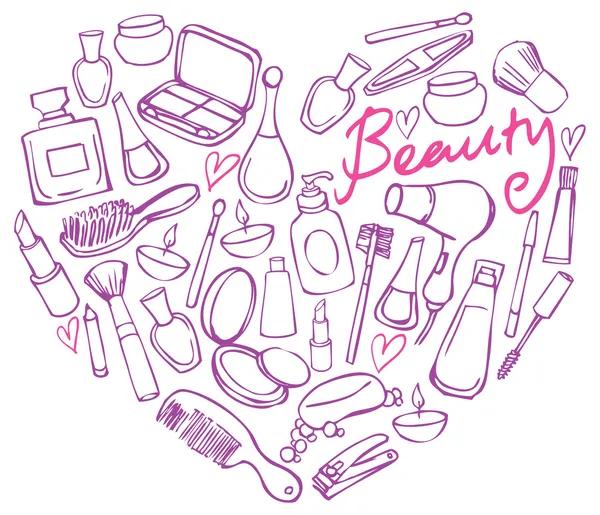 Iconos de belleza y cosméticos en forma de corazón — Vector de stock