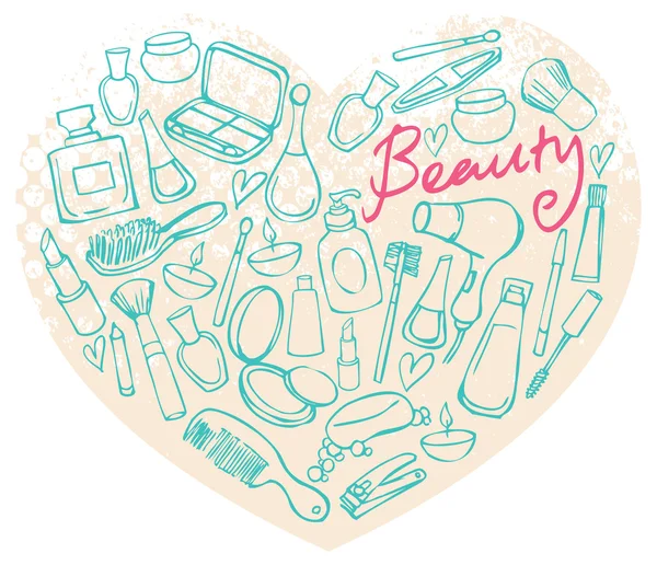Beauty and cosmetics icons in heart shape — Stock Vector