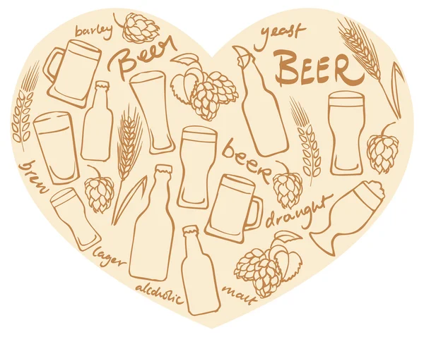 Icônes de bière en forme de coeur — Image vectorielle