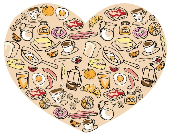 Alimentos para el desayuno en el corazón — Vector de stock