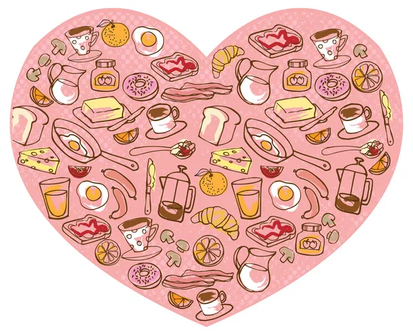 Ontbijt levensmiddelen in hart — Stockvector