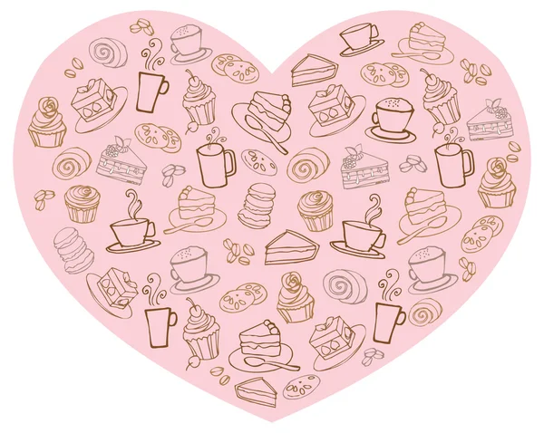 Tea and cakes in heart — Stock Vector