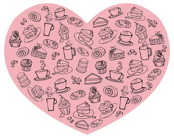 Tea and cakes in heart — Stock Vector