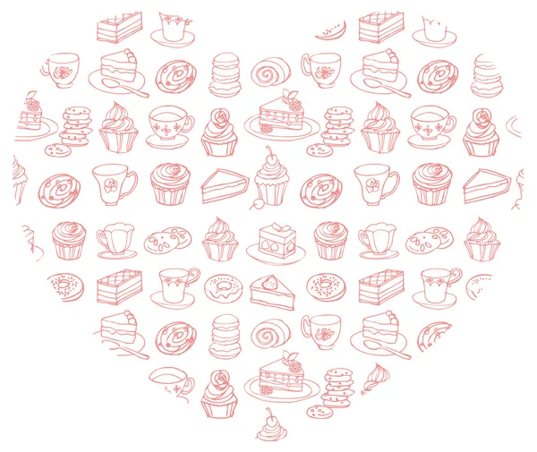 Tea and cakes in heart — Stock Vector