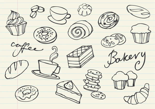 Pasteles y pastelería doodle — Vector de stock