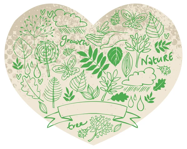 Iconos de la naturaleza en forma de corazón — Vector de stock