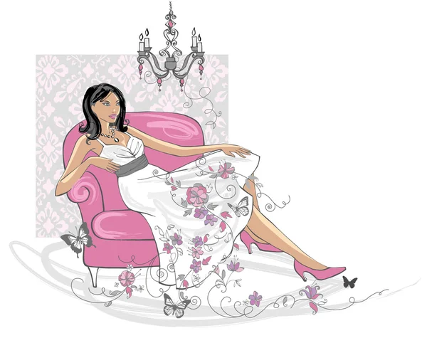 Beautiful lady sitting on chair — Stock Vector