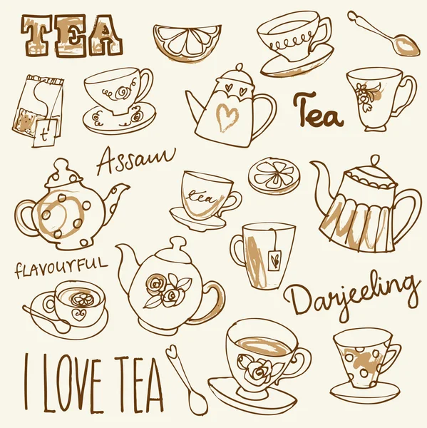 Théières et tasses à thé — Image vectorielle