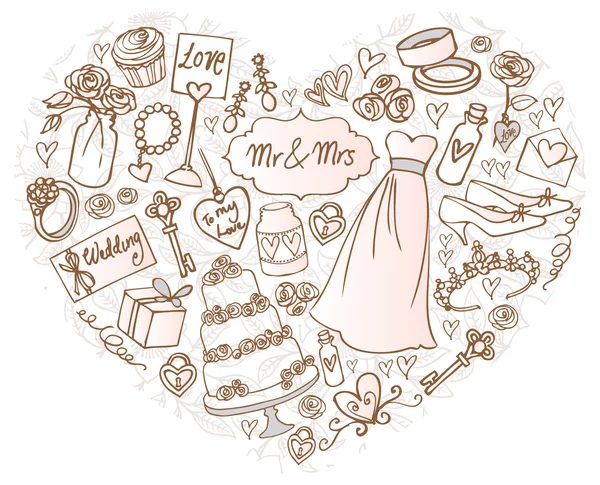 Iconos de boda en el corazón — Vector de stock