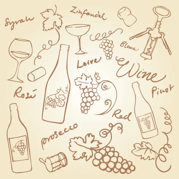 Iconos de vino y uvas — Vector de stock