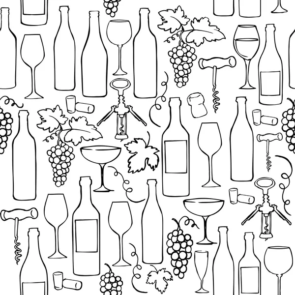 Μπουκάλια κρασιού, ποτήρια & σταφύλια — Διανυσματικό Αρχείο