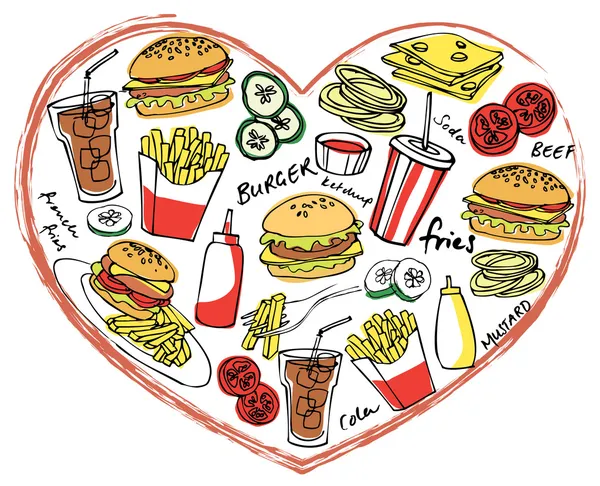 Fast foods  in heart shape — Stock Vector