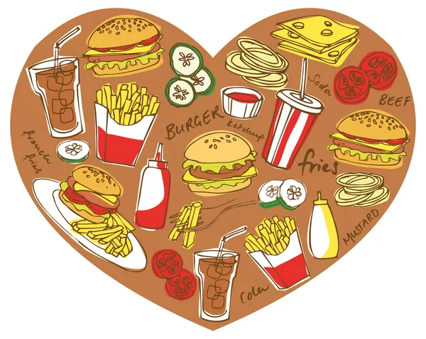 Fast foods  in heart shape — Stock Vector