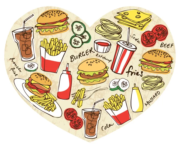 Comidas rápidas en forma de corazón — Vector de stock