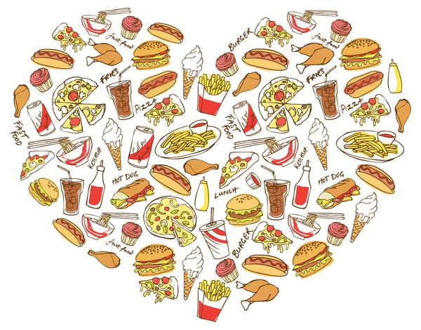 อาหารจานด่วนในรูปหัวใจ — ภาพเวกเตอร์สต็อก