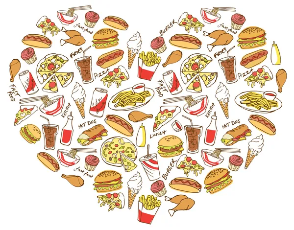 Comidas rápidas en forma de corazón — Vector de stock