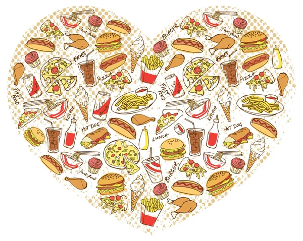 Comidas rápidas en forma de corazón — Vector de stock