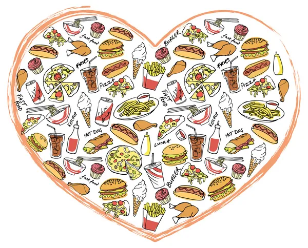 Comidas rápidas en forma de corazón — Vector de stock