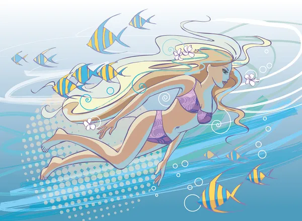 Girl swimming underwater with fish — Stock Vector