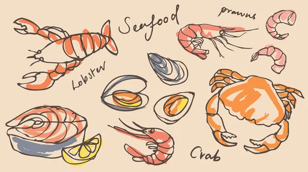 Seafood drawing set — Stock Vector