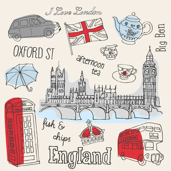 London Icons Doodles Zeichnung — Stockvektor