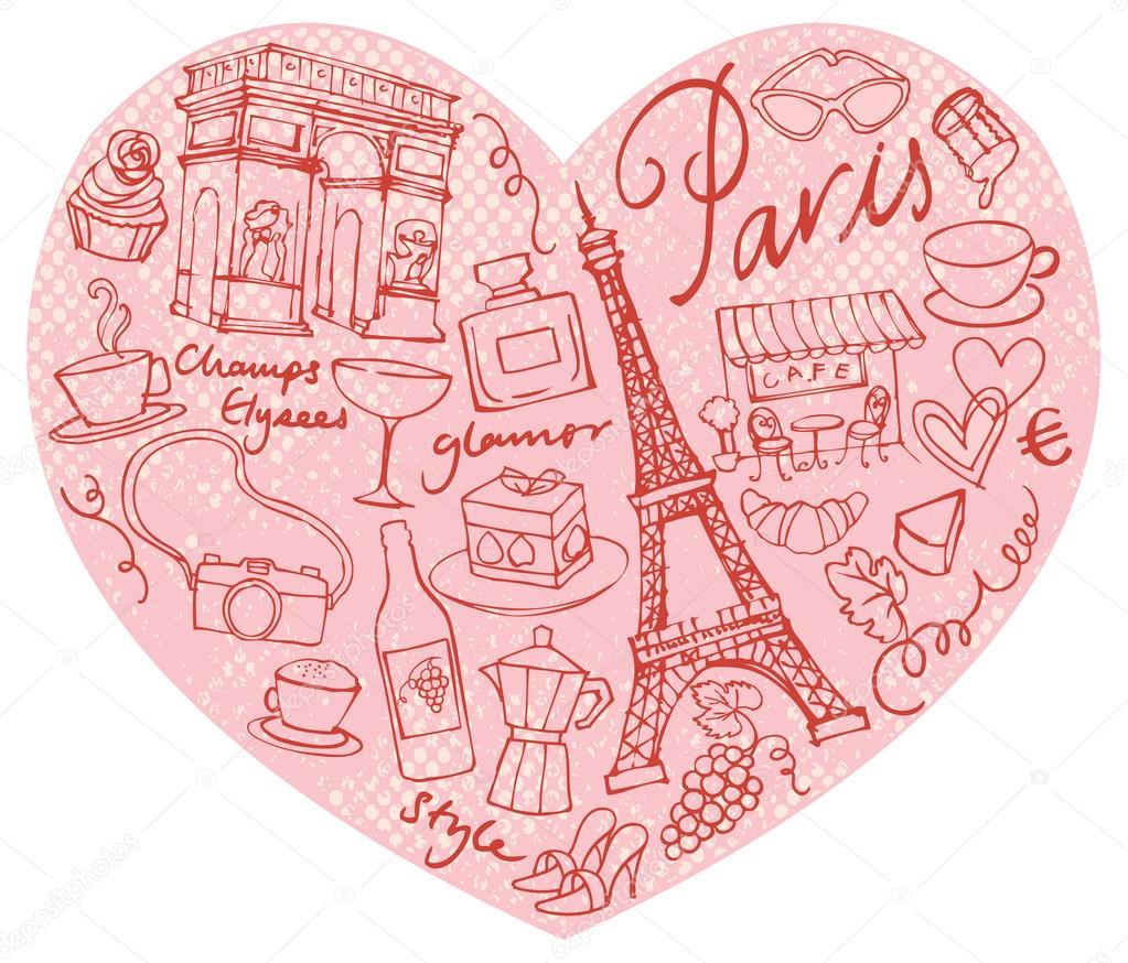 Paris  icons in heart shape