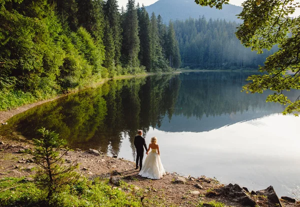 Bride in white wedding dress and groom in black tuxedo hold each other\'s hands against green mountains and lakes with blue water. Wedding ceremony in the mountains. Place for text