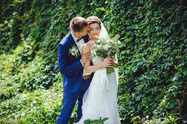 Gelin ve damat parkta birlikte yürüyorlar. Mavi smokinli damat beyaz elbiseli gelini öpüyor. Şirin gelin ve şık damat. Düğün günü. Evlilik..